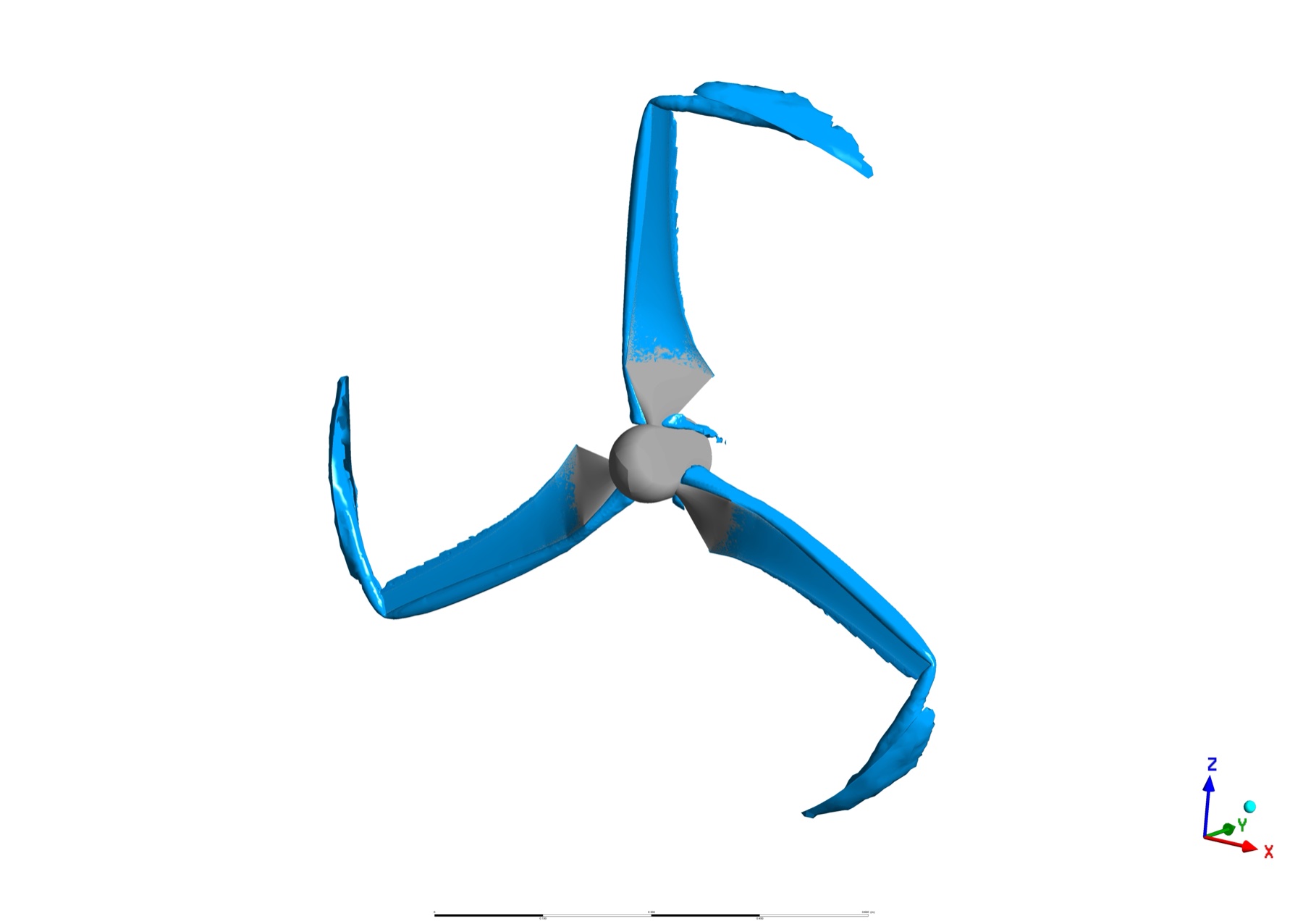 Blue flow isosurfaces surrounding a three-bladed bare rotor in the CFD model