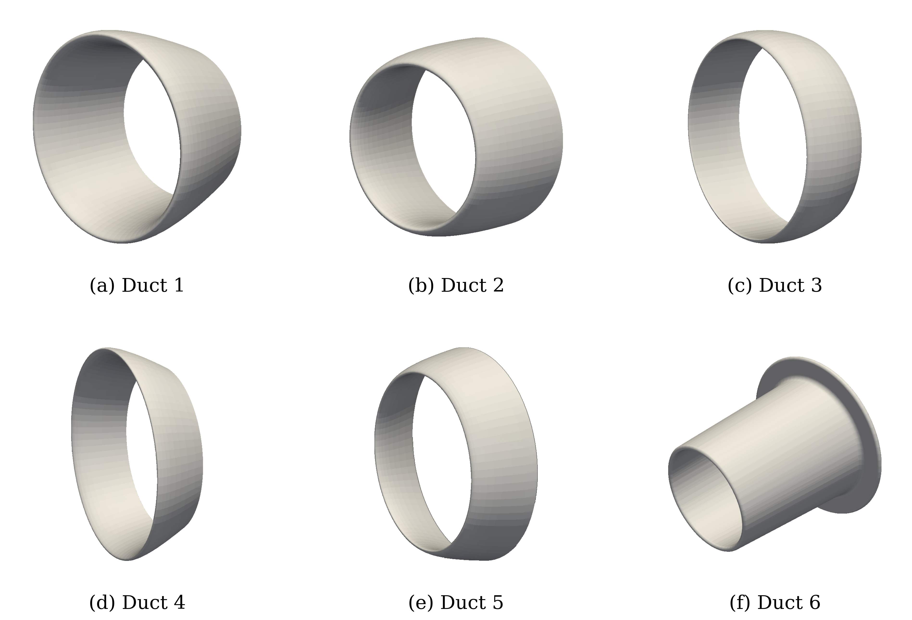 Renderings of six nozzle and diffuser geometries evaluated during rotor-free duct screening