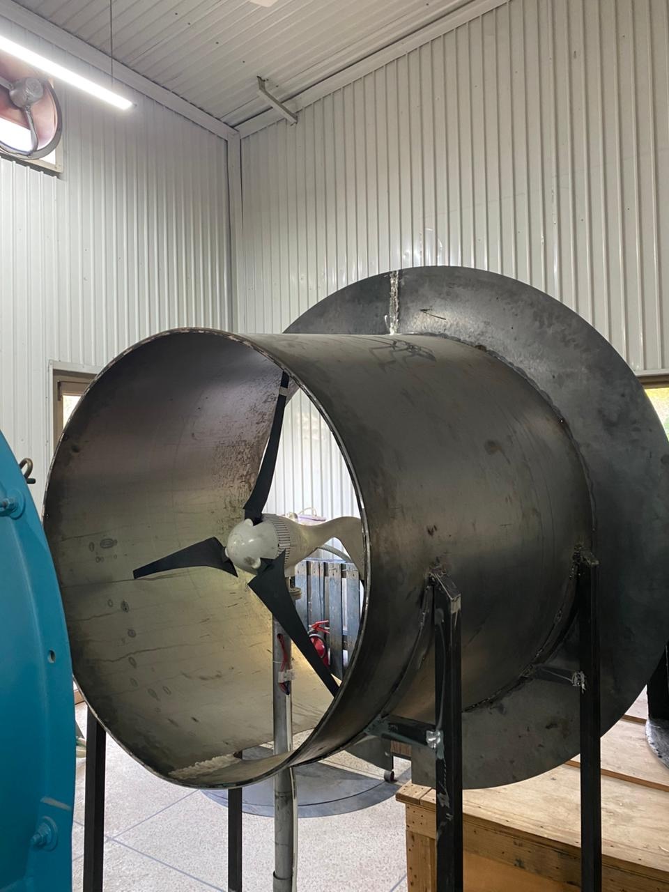 Fabricated mild-steel diffuser with the three-bladed PETG-CF rotor installed